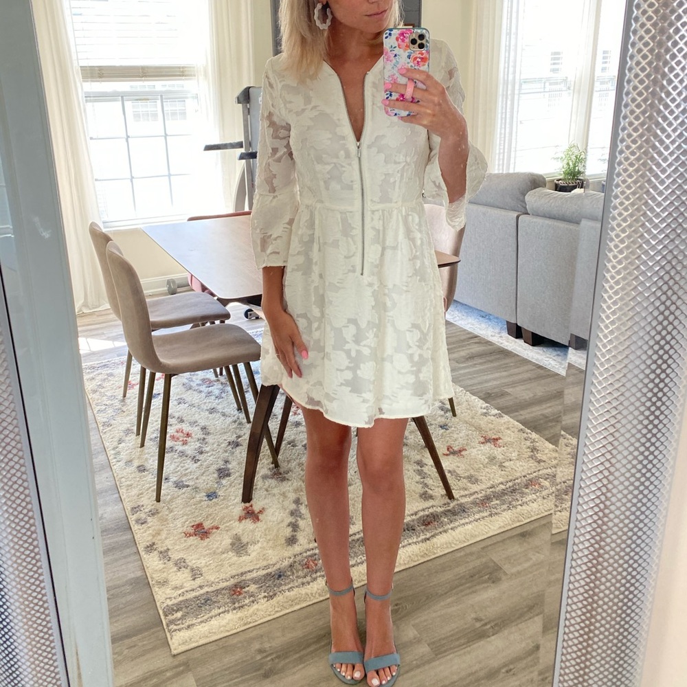 Ivory Floral Lace Midi Dress with Front Zip